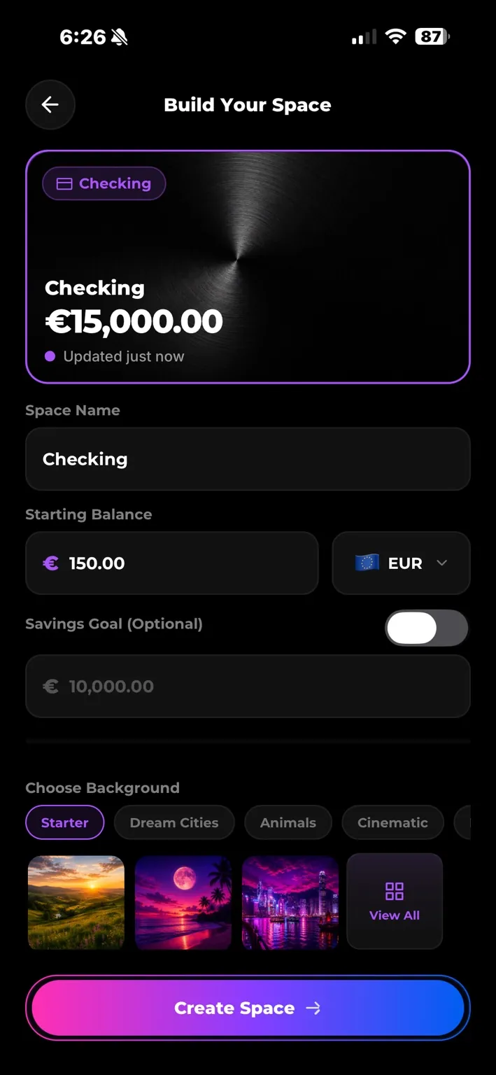 Creating a euro Checking Space with a €15,000 starting balance