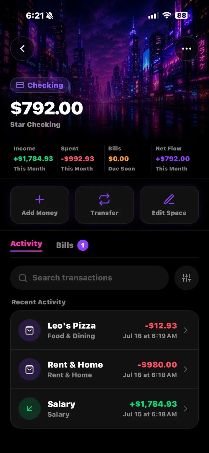 Star Checking Space detail — $792 balance, recent activity, add money, transfer, edit