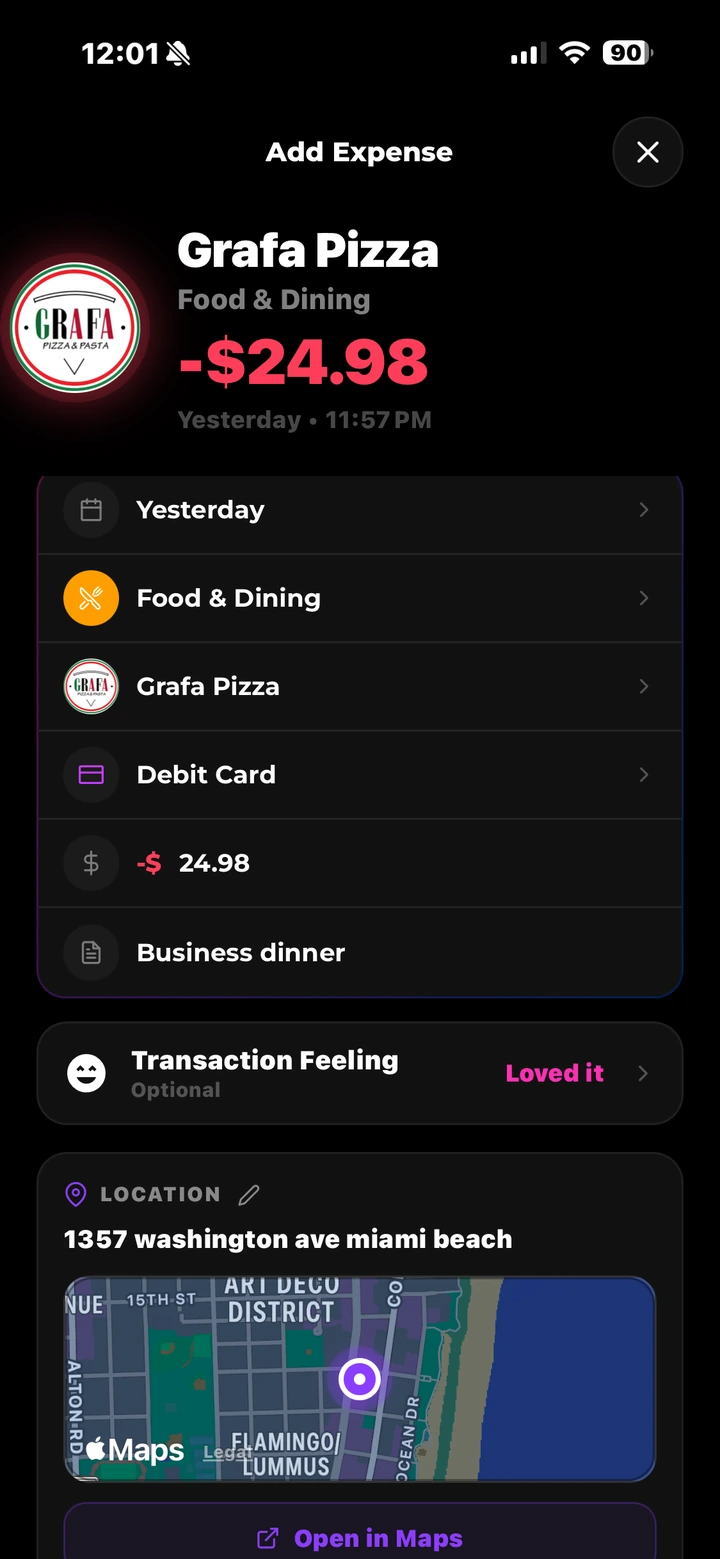 Add Expense — Grafa Pizza, Food & Dining, −$24.98, with date, category, merchant, payment method, amount and note fields plus an optional Transaction Feeling