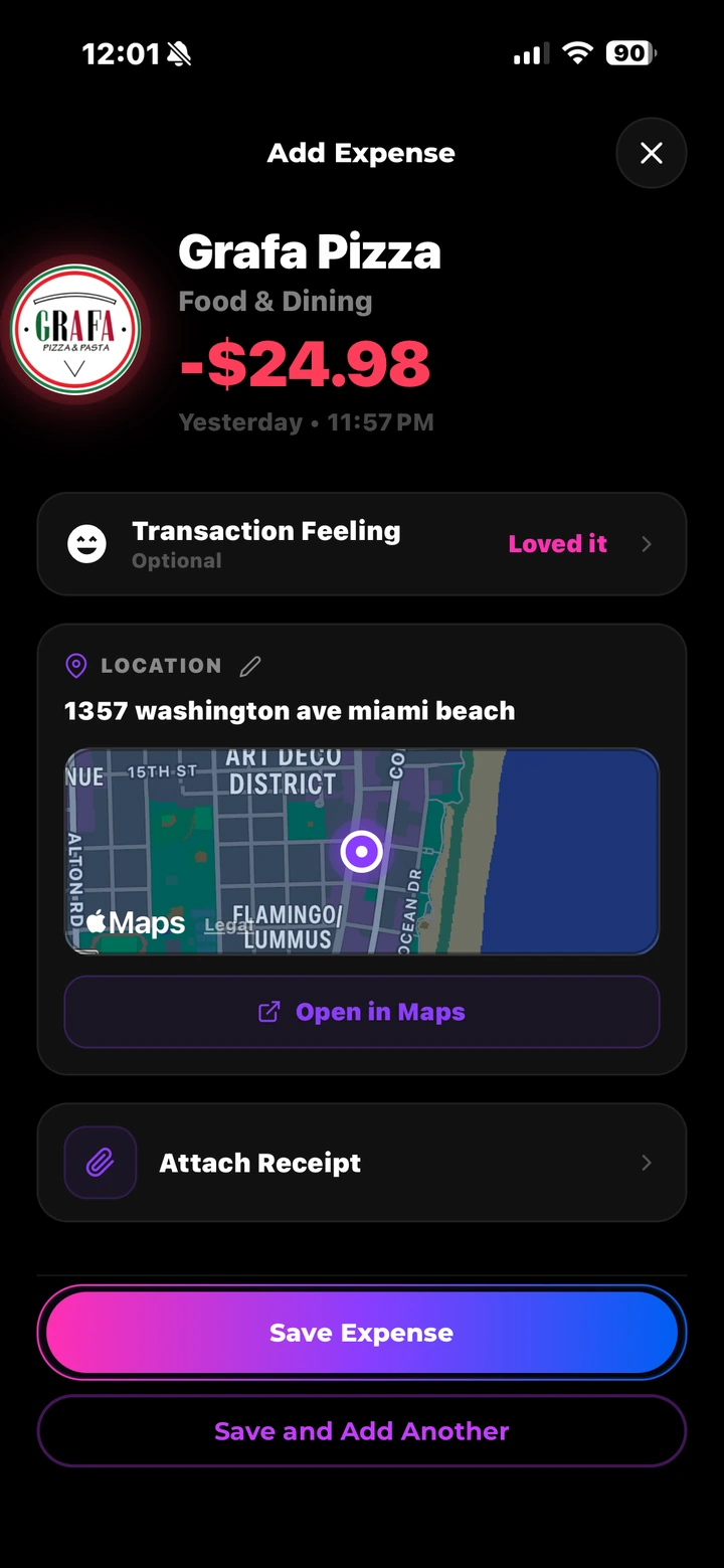 Add Expense continued — Transaction Feeling, a location map of Washington Ave, Miami Beach, the Attach Receipt row, and the Save Expense action