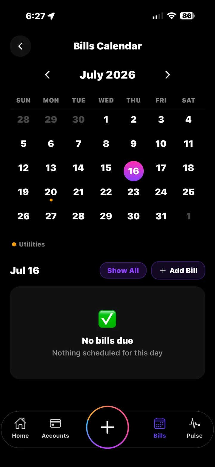 Bills Calendar for July 2026 with due-date tracking