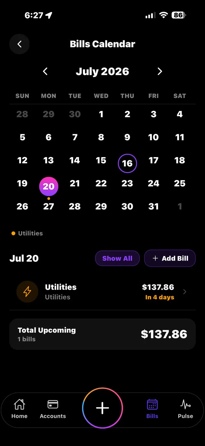 Bills Calendar showing a $137.86 Utilities bill due Jul 20