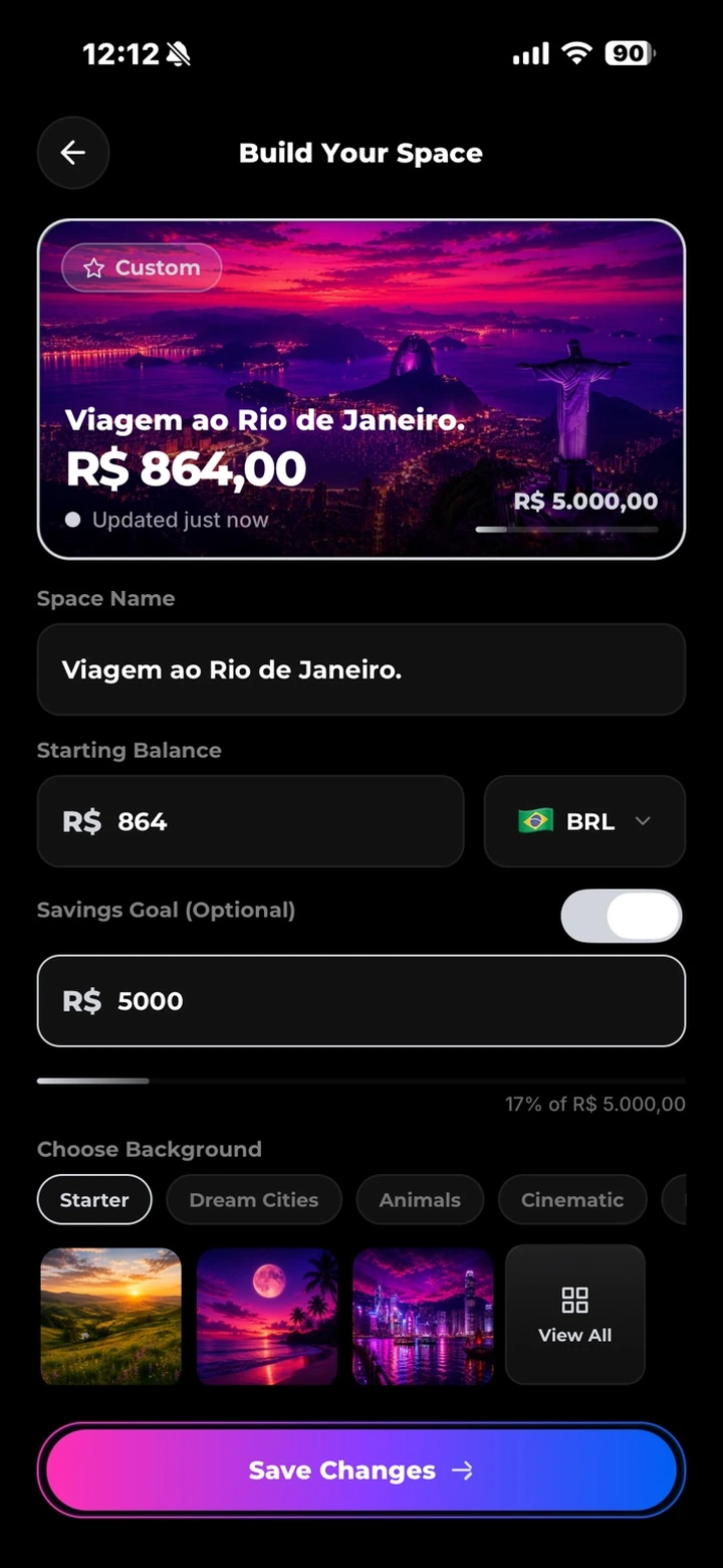 Build Your Space — live preview of a R$5.000,00 Space with name, starting balance, BRL currency, an optional savings goal at 17% progress, background collections, and Save Changes