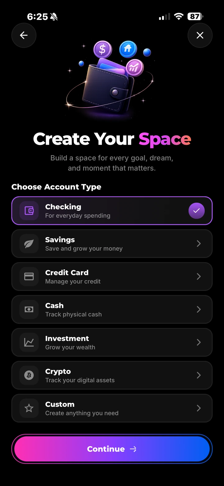 Choose Your Space — Checking, Savings, Credit Card, Cash, Investment, Crypto, or a custom type