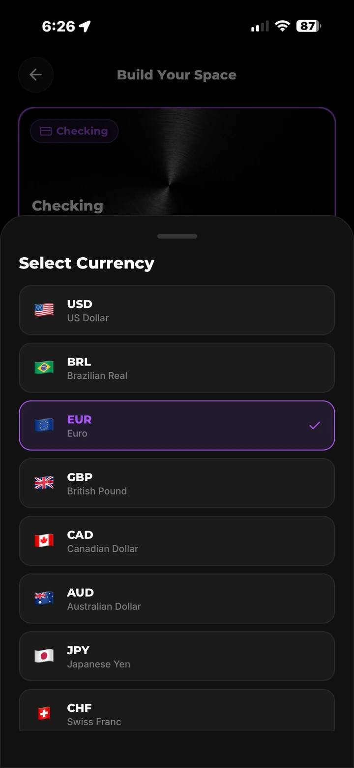 Currency selector — choosing the currency a Space is held in