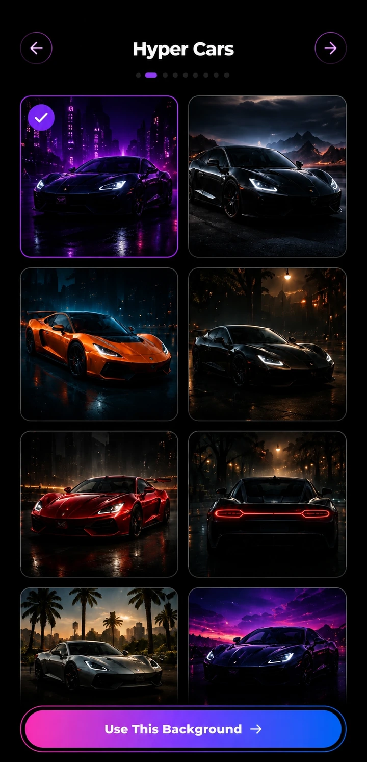 Hyper Cars wallpaper collection browser with previous and next controls, pagination, and Use This Background