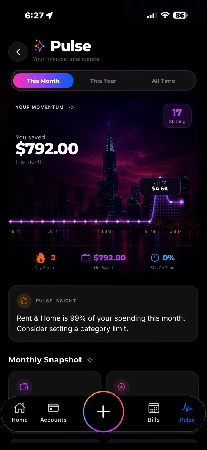 Pulse — This Month view with momentum score and monthly snapshot