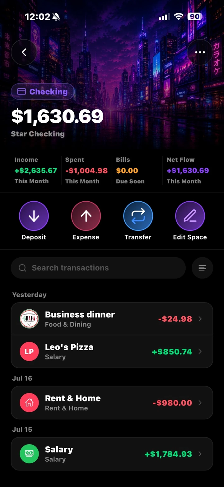 Star Checking Space — $1,630.69 balance over a city wallpaper, with Income, Spent, Bills and Net Flow for the month, Deposit / Expense / Transfer / Edit Space actions, and a searchable transaction list