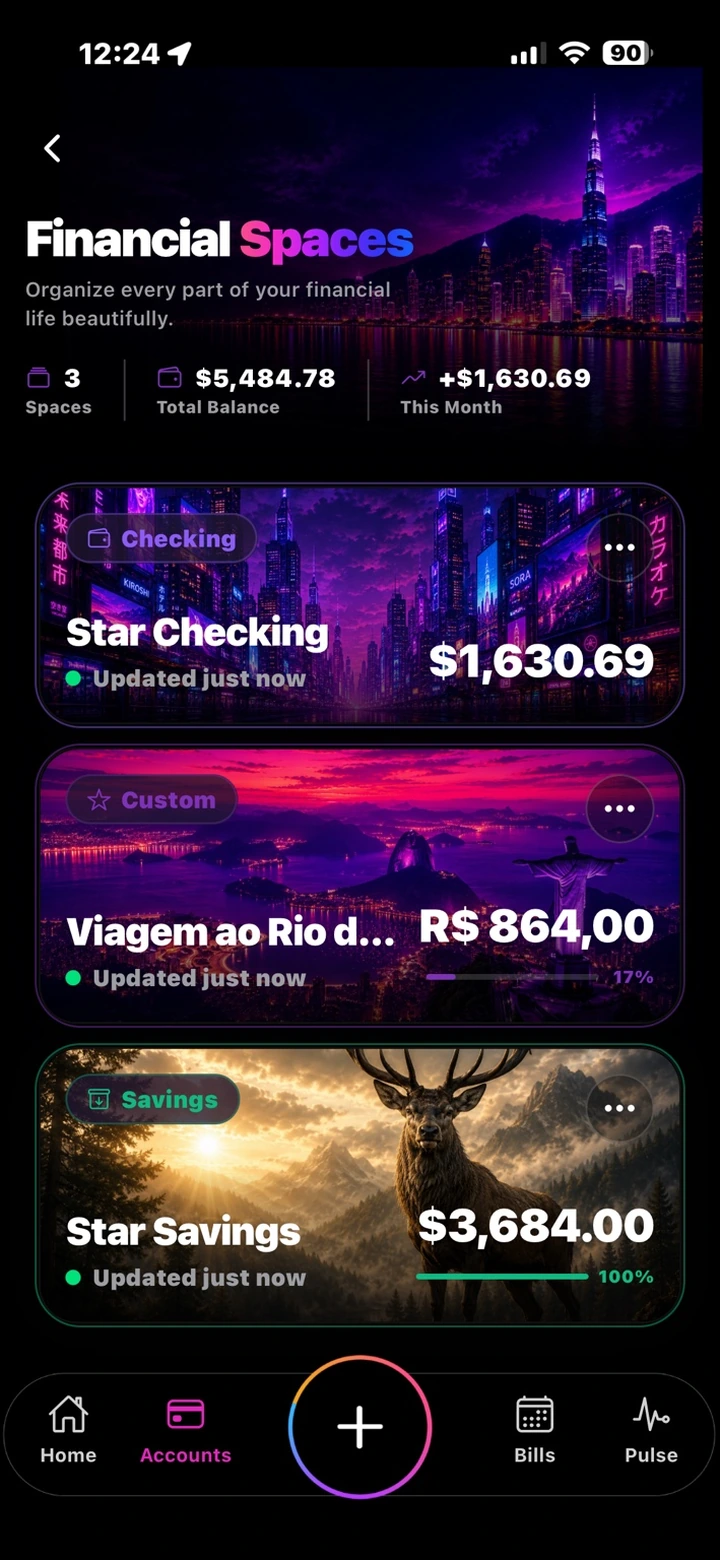 Financial Spaces — 5 Spaces, $5,484.78 total balance, +$1,630.69 this month, with Checking, custom, and Savings cards each on their own wallpaper