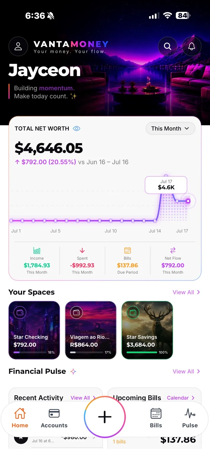 VantaMoney dashboard in light mode — the same net worth view on white
