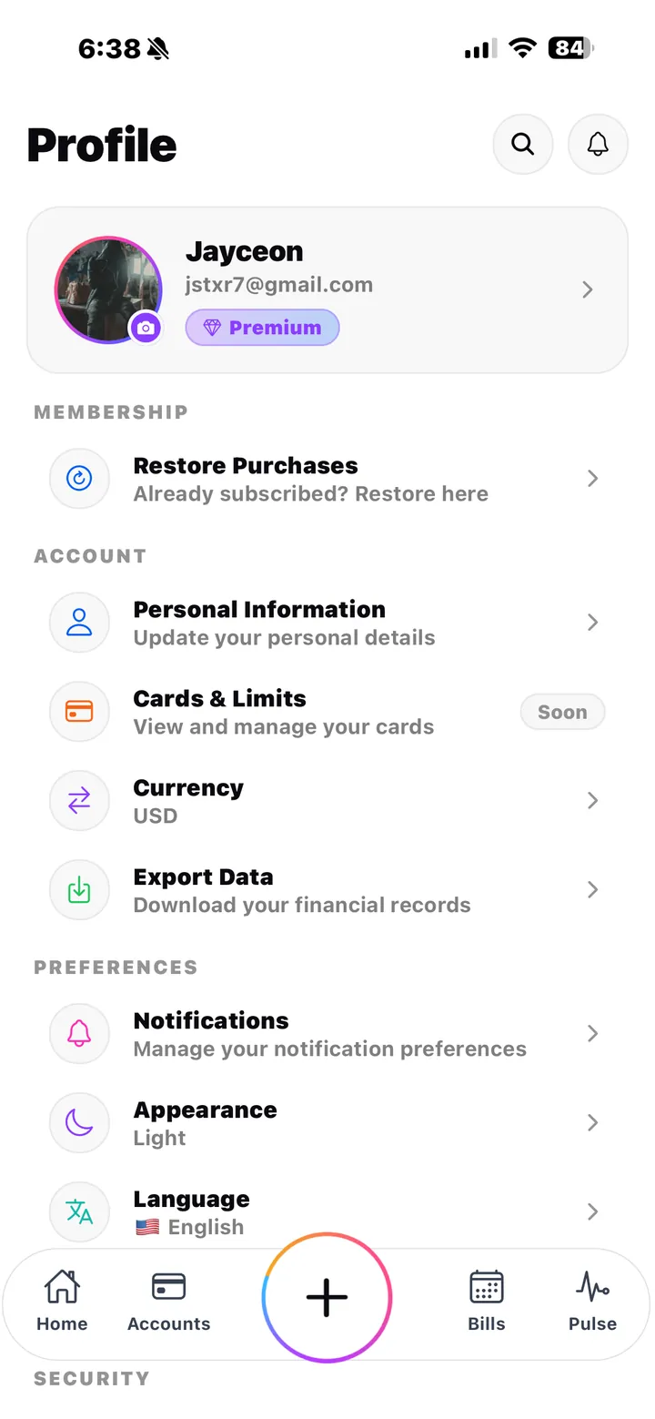 Profile — membership, personal info, currency, data export, notifications, appearance, and language settings